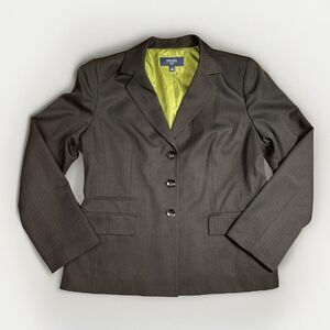 Jones Wear‎ Suit Jacket Black Pinstripe 3 Button Women's Size 14 Green Lining